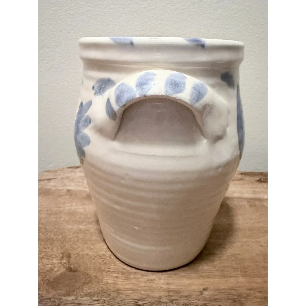 Vintage Jamestown Pottery '99 Studio Blue White Stoneware Crock Utensil Vase